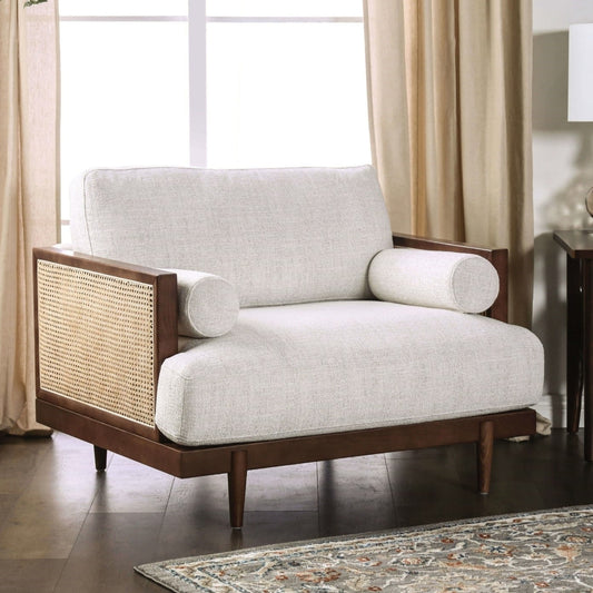 White armchair with wooden frame in a room with curtains and a rug