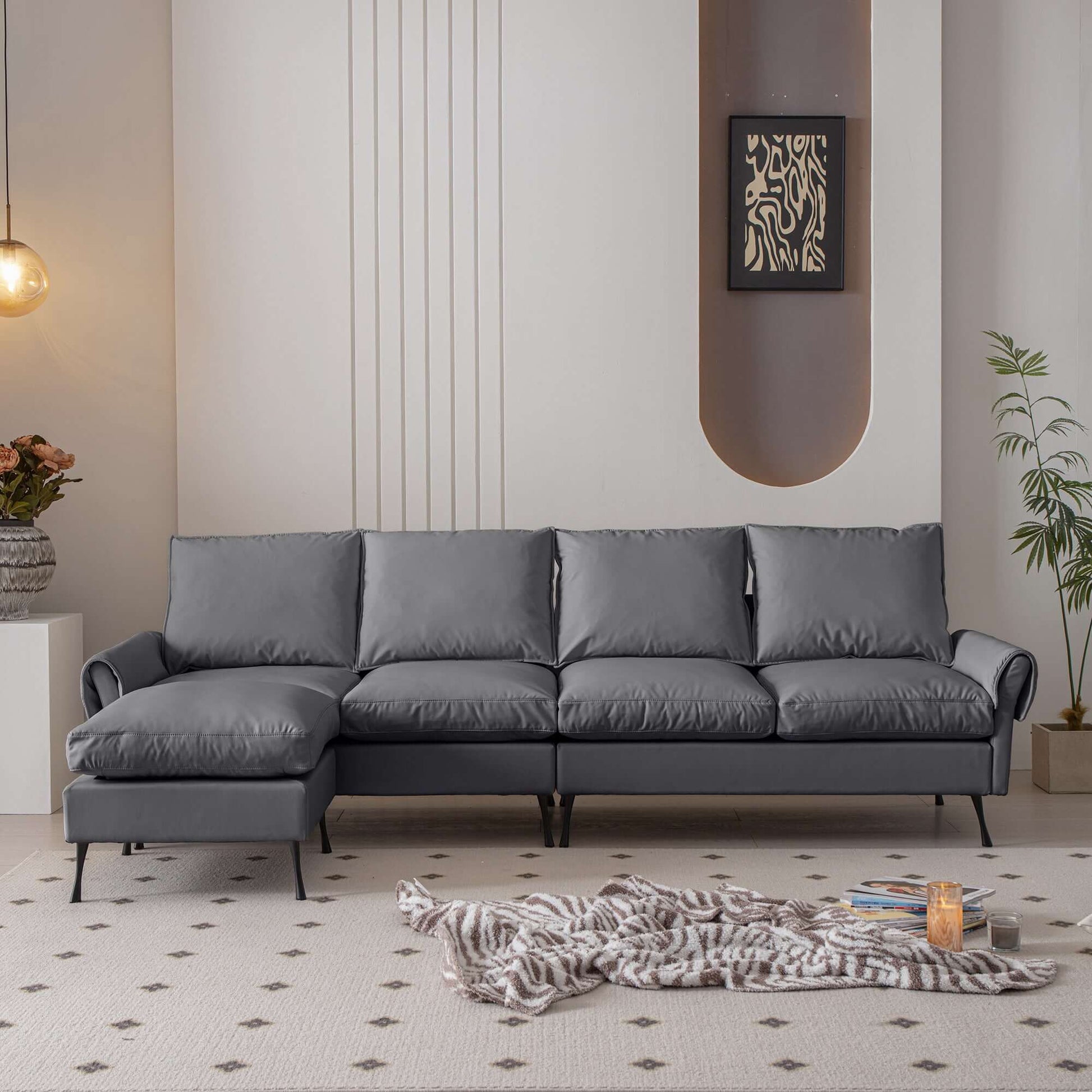 [VIDEO] provided]104.5"Modern Sectional Technical leather L-Shaped Sofa Couch with Convertible Ottoman