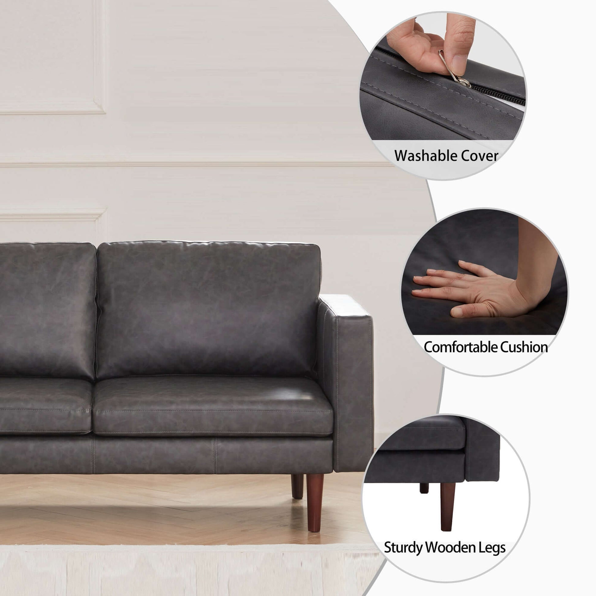 65'' Faux leather Sofas for Living Room, Black Couch Loveseat Small Spaces Bedroom with Solid Wooden Frame and Padded Cushion, Mid Century Modern Decor Love Seats Furniture, Black