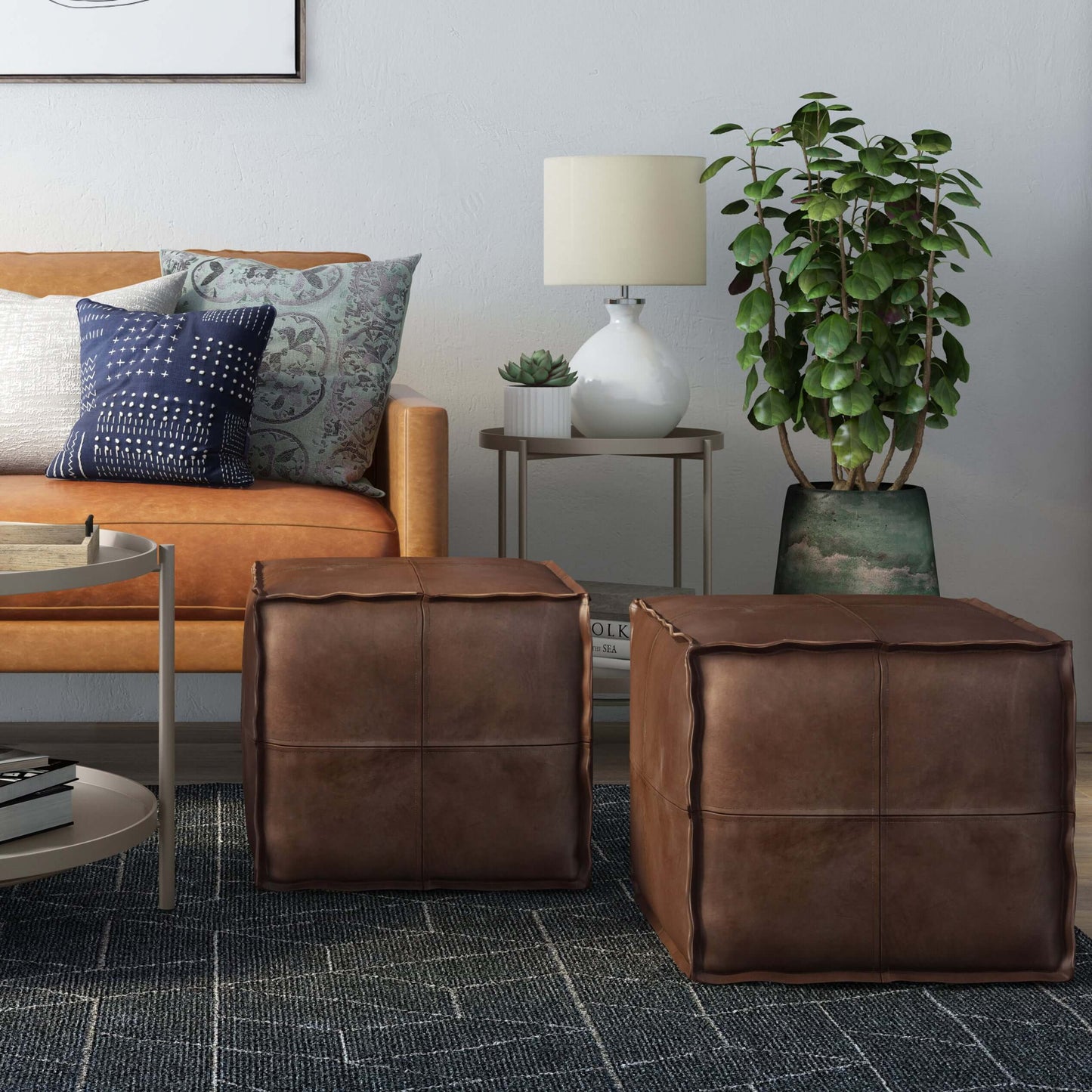 Brody - Square Pouf - Distressed Dark Brown