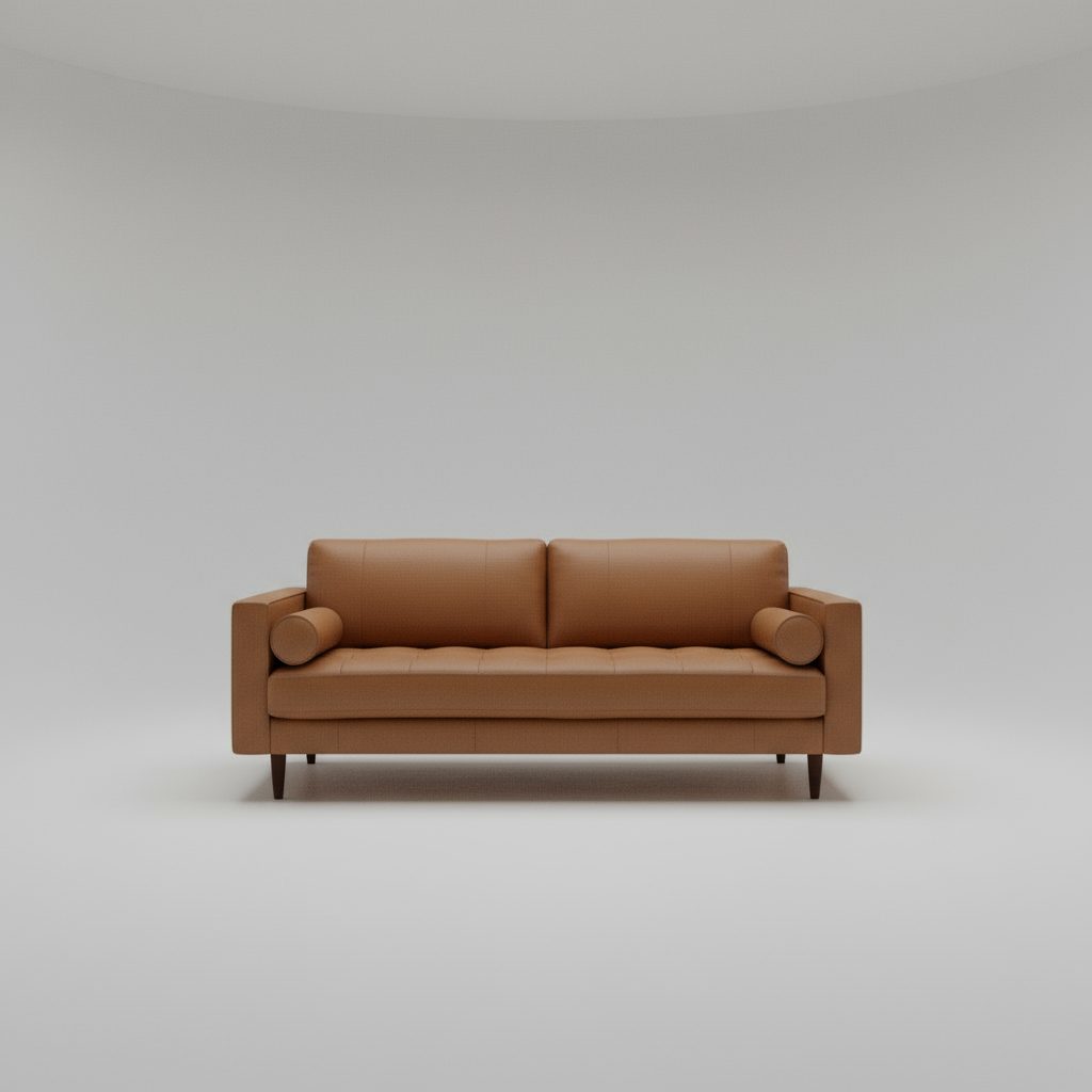 Brown sofa in a modern living room with large windows and cityscape view.