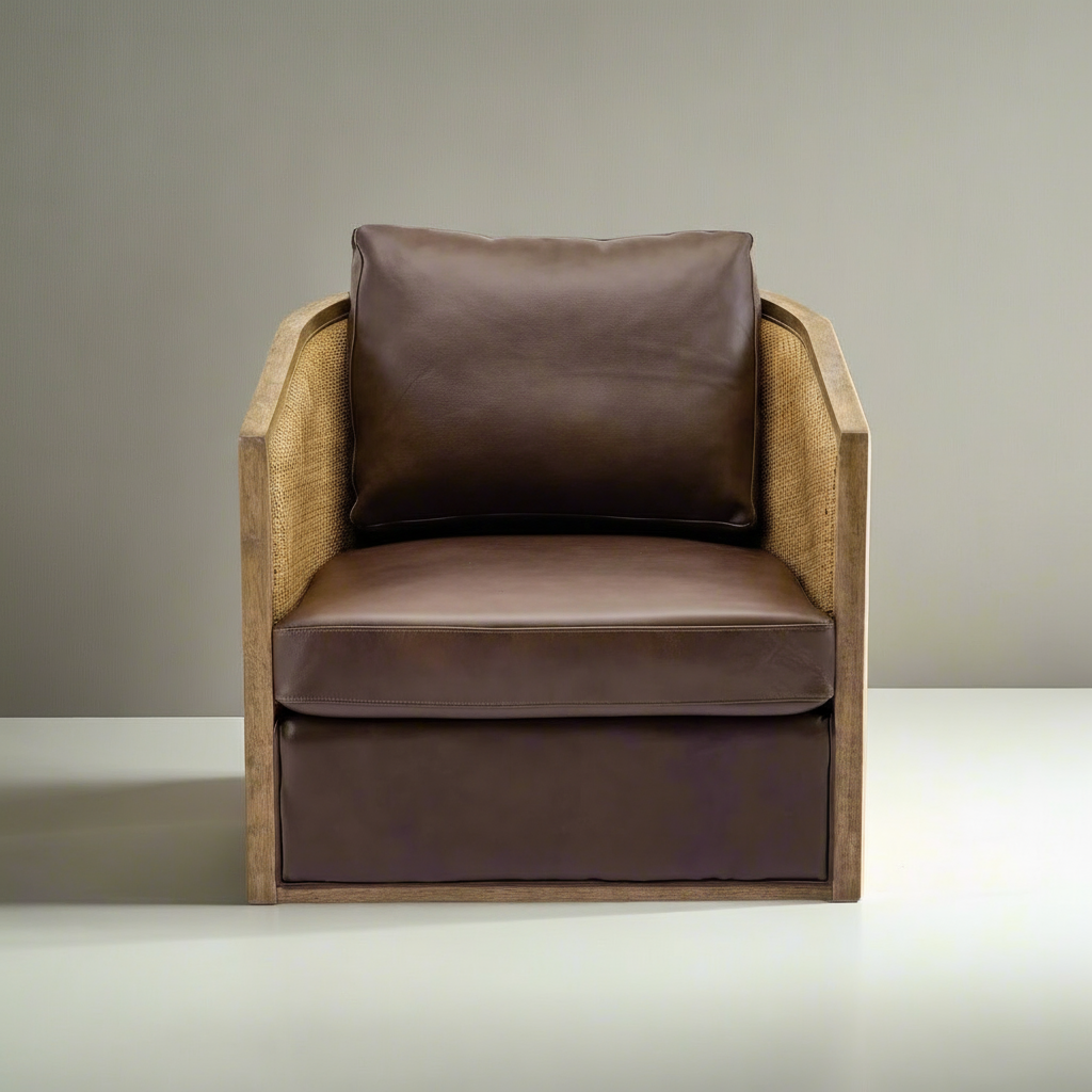 Brown armchair with wicker frame on a gray background