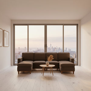 Brown sectional sofa in a living room with large windows and curtains.