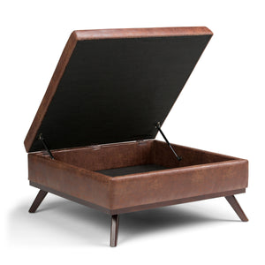 Owen - Square Coffee Table Storage Ottoman - Distressed Saddle Brown