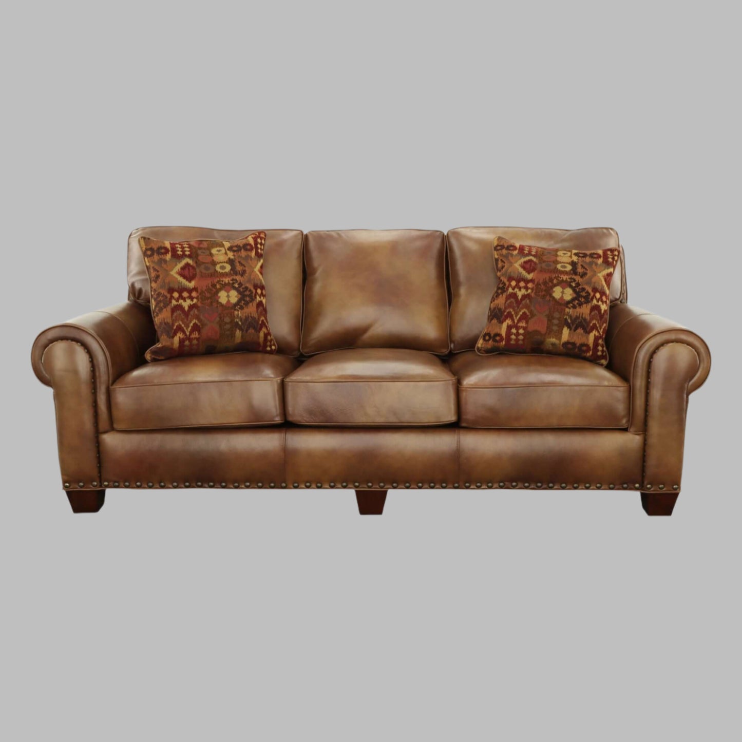Rustic Styled Leather Sofa - Premium Construction, Top-Grain Leather - Eight-Way Hand-Tied Springs, Nail-Head Trim, Contrasting Pillows