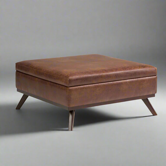Owen - Square Coffee Table Storage Ottoman - Distressed Saddle Brown