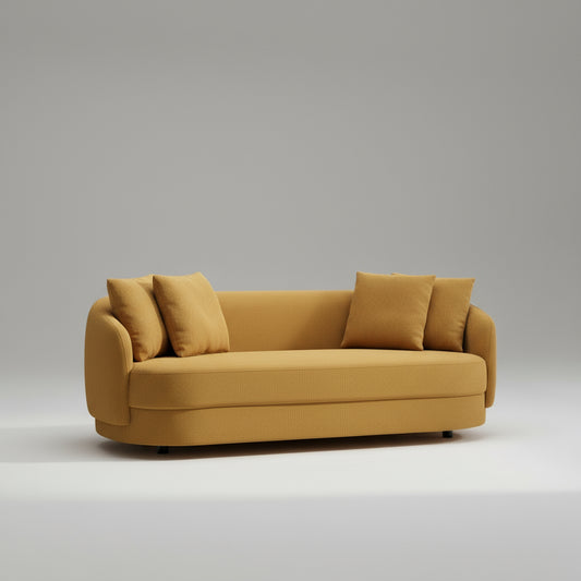 Mustard yellow sofa with cushions on a white background