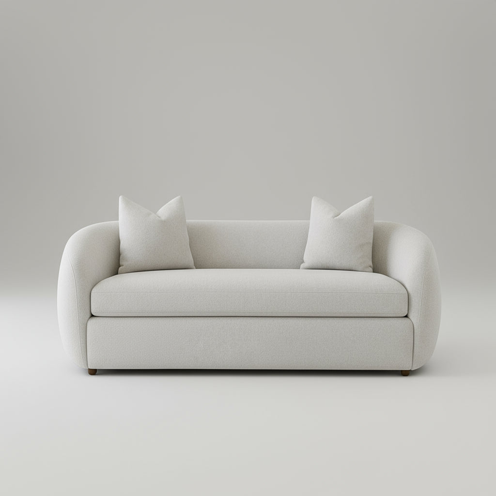 White sofa with white cushions in a room with plants and a wooden coffee table.