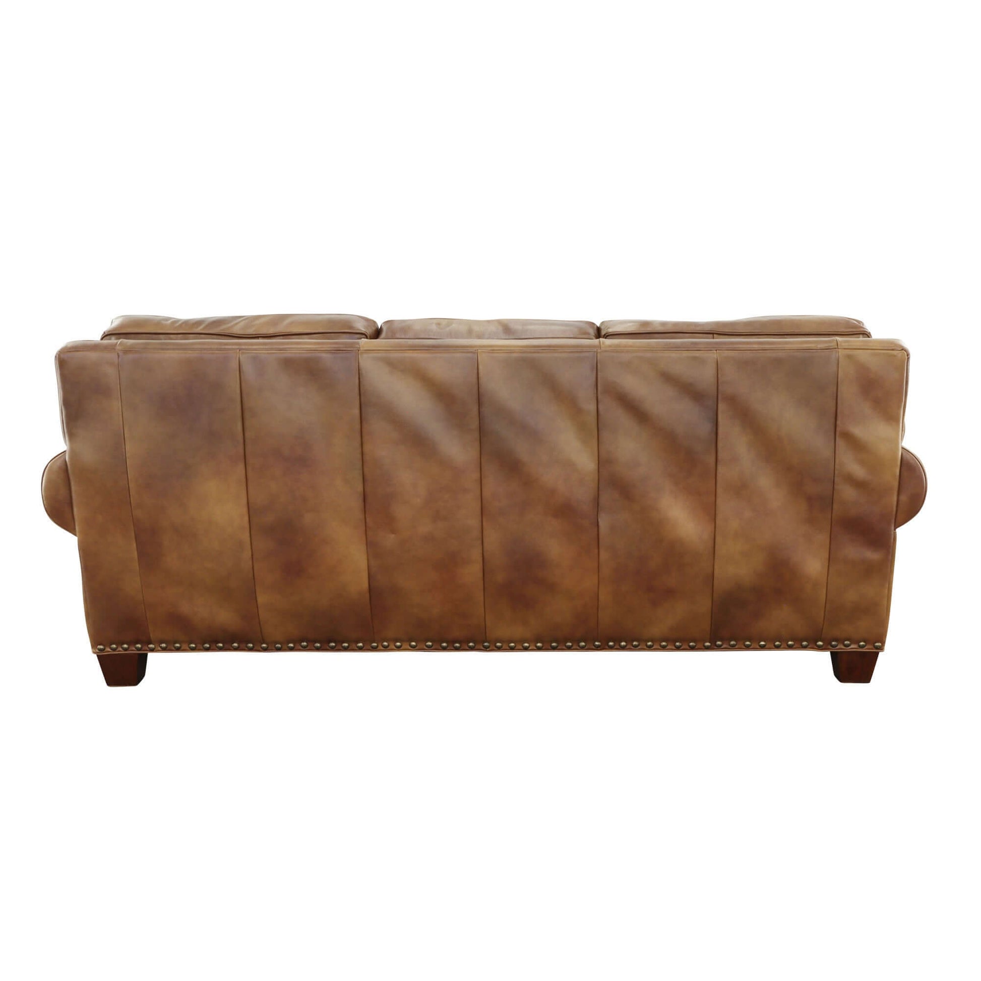 Rustic Styled Leather Sofa - Premium Construction, Top-Grain Leather - Eight-Way Hand-Tied Springs, Nail-Head Trim, Contrasting Pillows