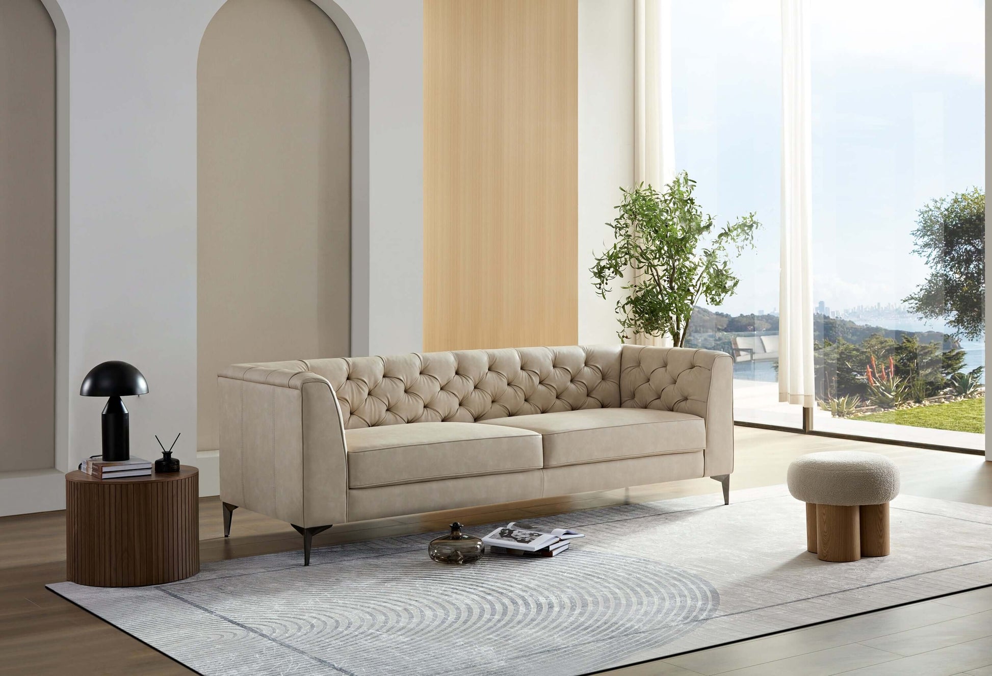 WKS5G Elegant beige leather main color, the sofa presents a calm and elegant appearance