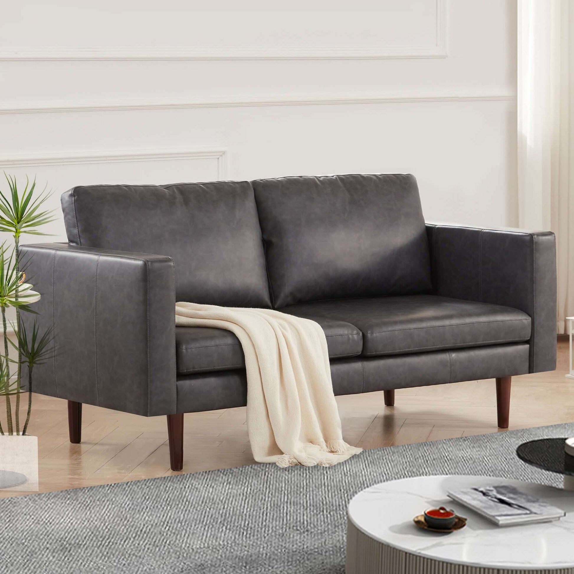 65'' Faux leather Sofas for Living Room, Black Couch Loveseat Small Spaces Bedroom with Solid Wooden Frame and Padded Cushion, Mid Century Modern Decor Love Seats Furniture, Black