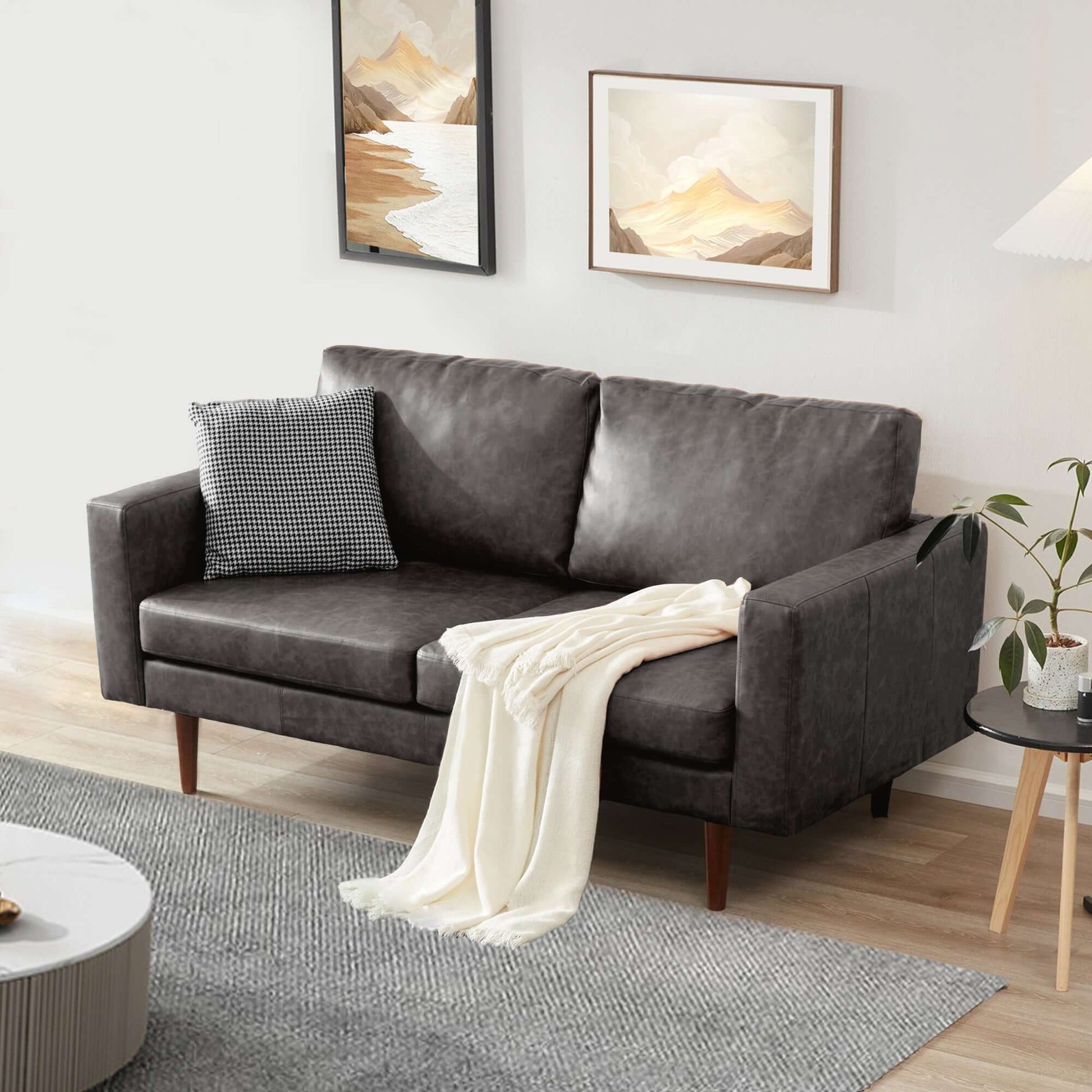65'' Faux leather Sofas for Living Room, Black Couch Loveseat Small Spaces Bedroom with Solid Wooden Frame and Padded Cushion, Mid Century Modern Decor Love Seats Furniture, Black
