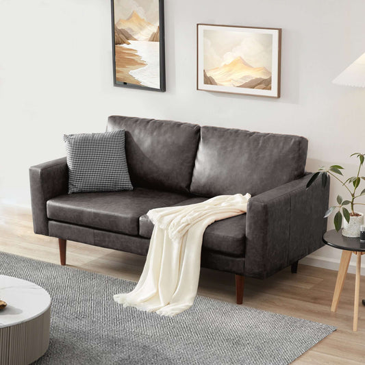 65'' Faux leather Sofas for Living Room, Black Couch Loveseat Small Spaces Bedroom with Solid Wooden Frame and Padded Cushion, Mid Century Modern Decor Love Seats Furniture, Black