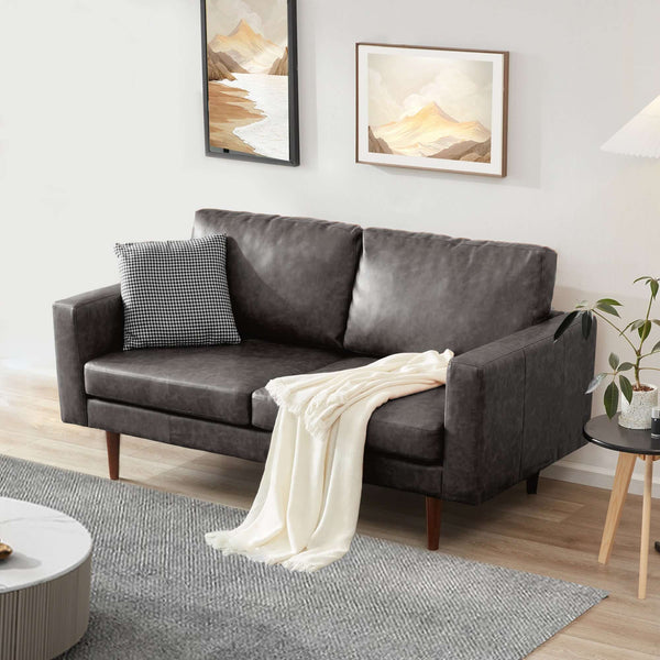 65'' Faux leather Sofas for Living Room, Black Couch Loveseat Small Spaces Bedroom with Solid Wooden Frame and Padded Cushion, Mid Century Modern Decor Love Seats Furniture, Black