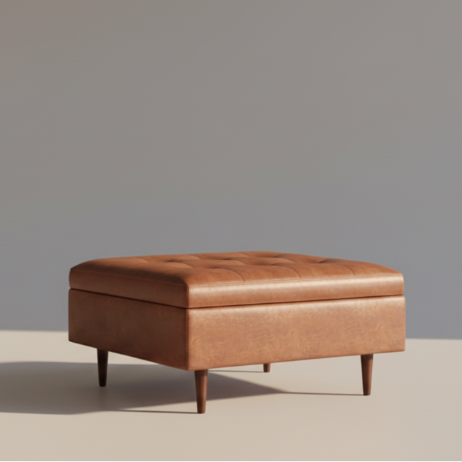 Brown leather ottoman with storage on a gray background