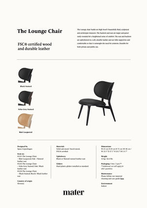 Lounge chair with material options and specifications on a white background