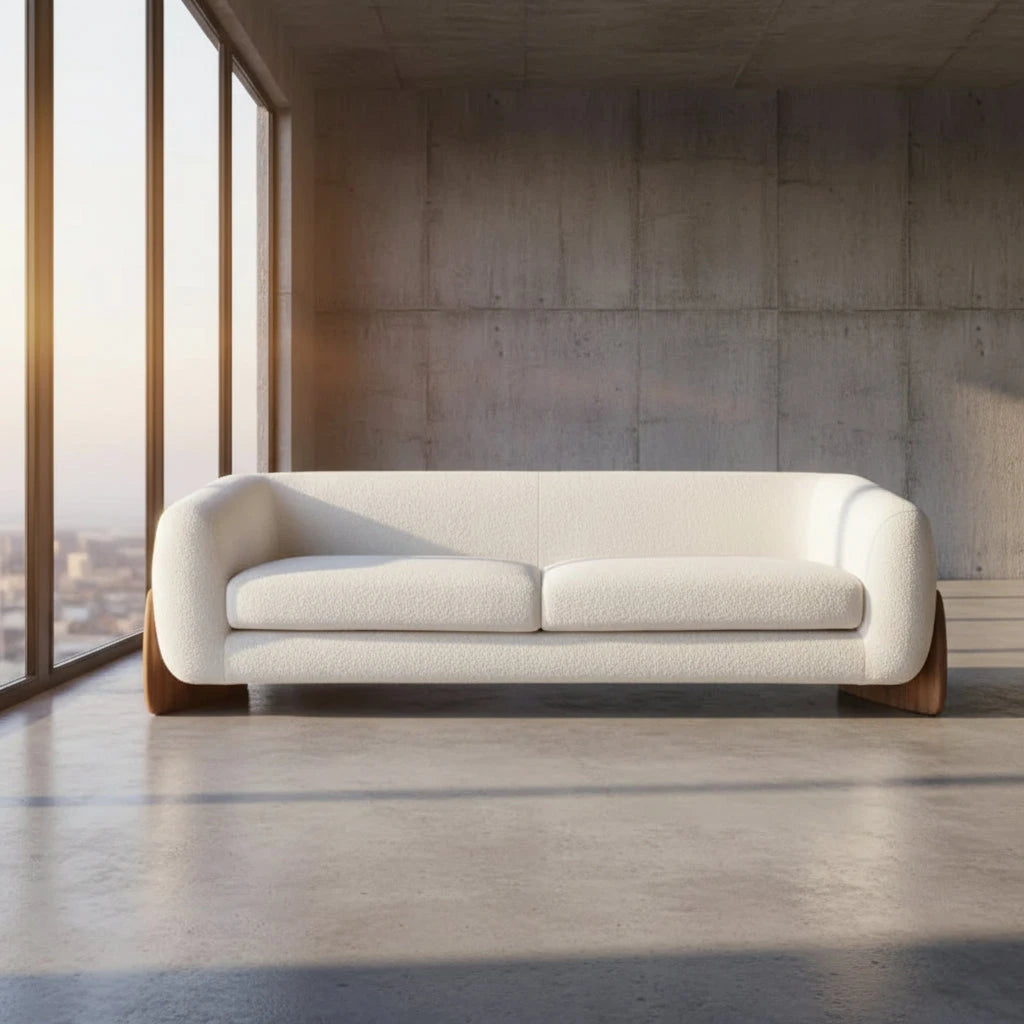 White sofa with wooden legs on a gray background