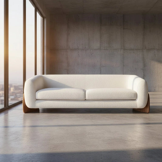 White sofa with wooden legs on a gray background