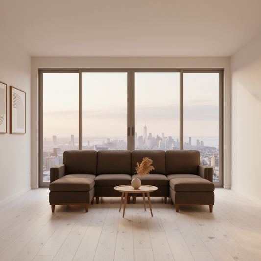 Brown sectional sofa in a living room with large windows and curtains.