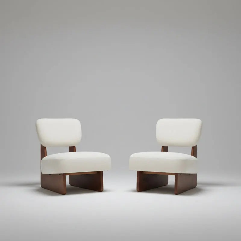 THE MOGLEY Minimalist Beige Lounge Chair With Walnut Finish