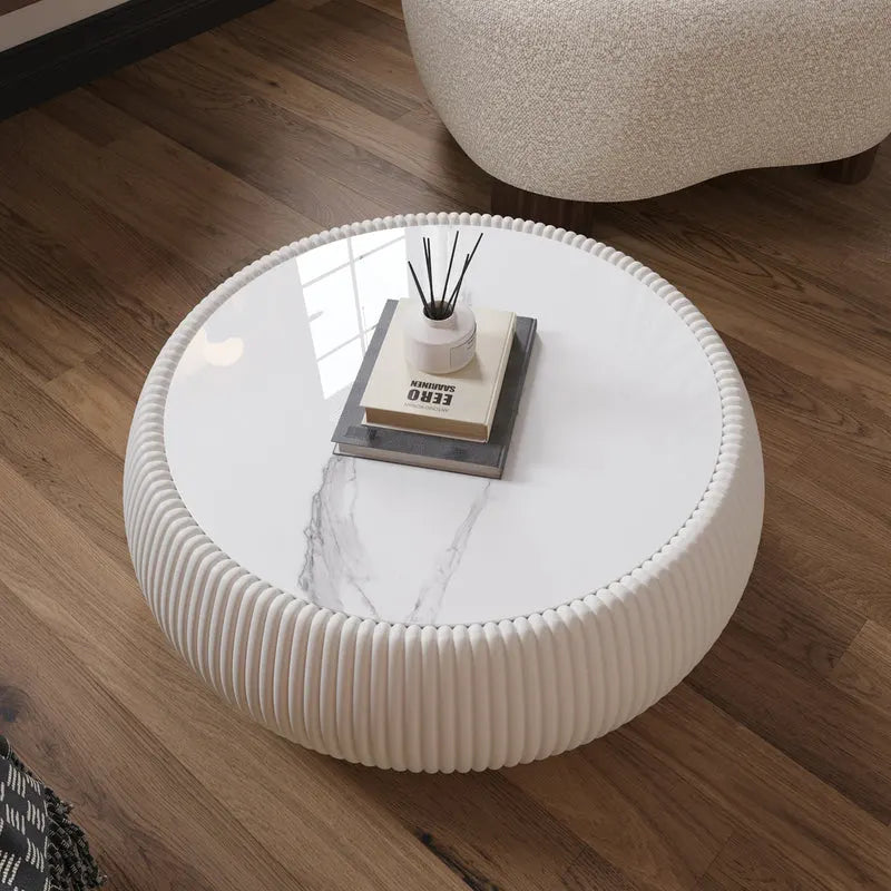 ROKU Light Sintered Stone Top Drum Shape Leather Coffee Table