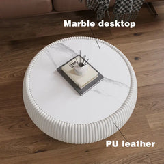 ROKU Light Sintered Stone Top Drum Shape Leather Coffee Table