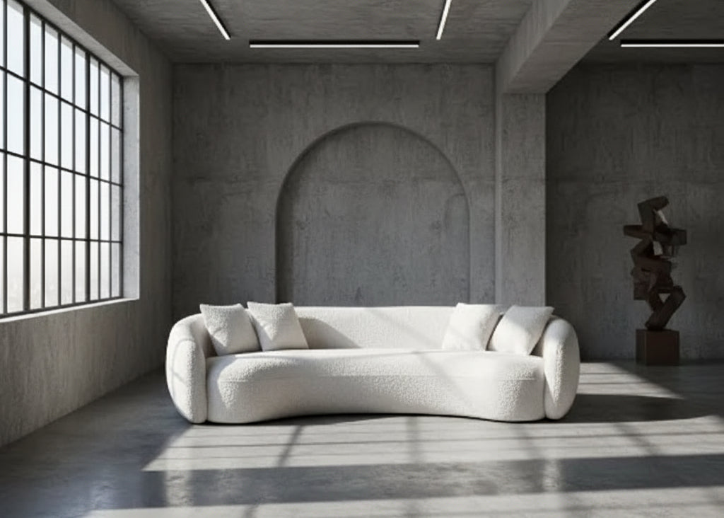 Modern living room with a white sofa, floor lamp, and decorative items.