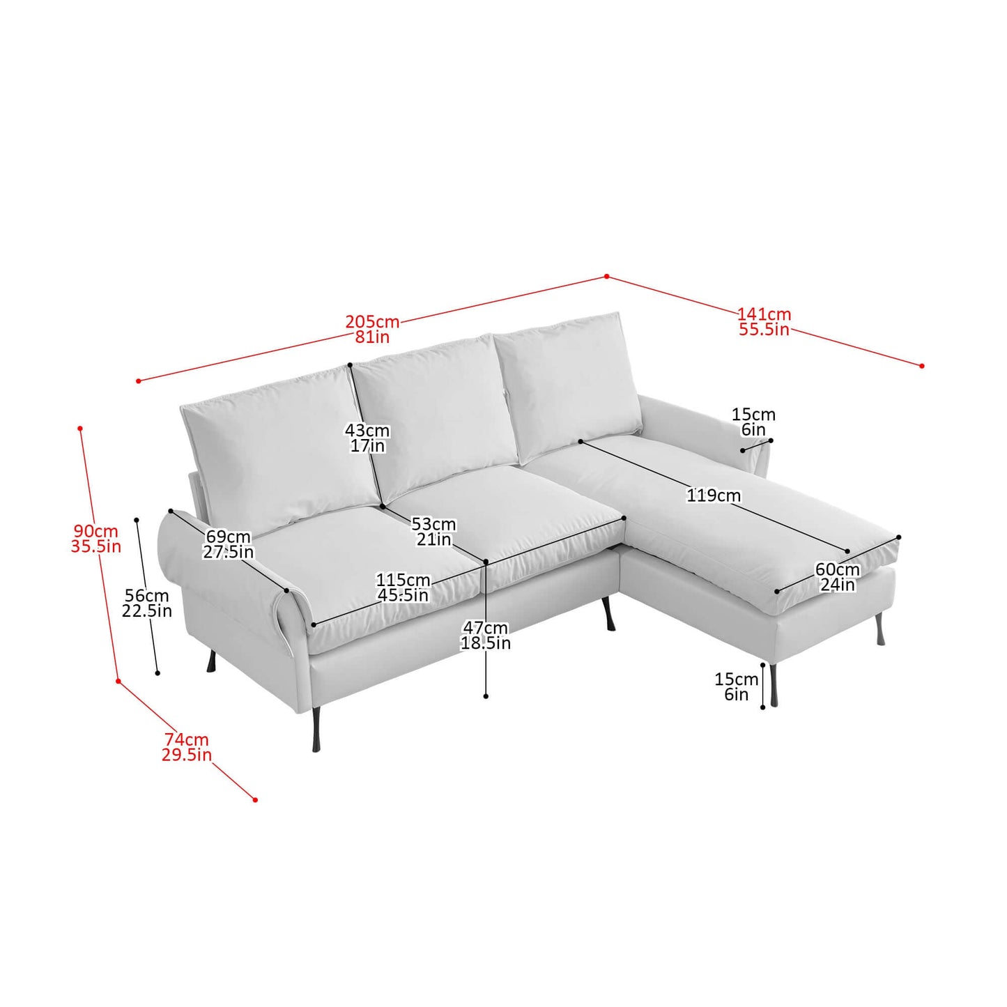 [VIDEO] provided]81"Modern Sectional Technical leather L-Shaped Sofa Couch with Reversible Chaise Lounge