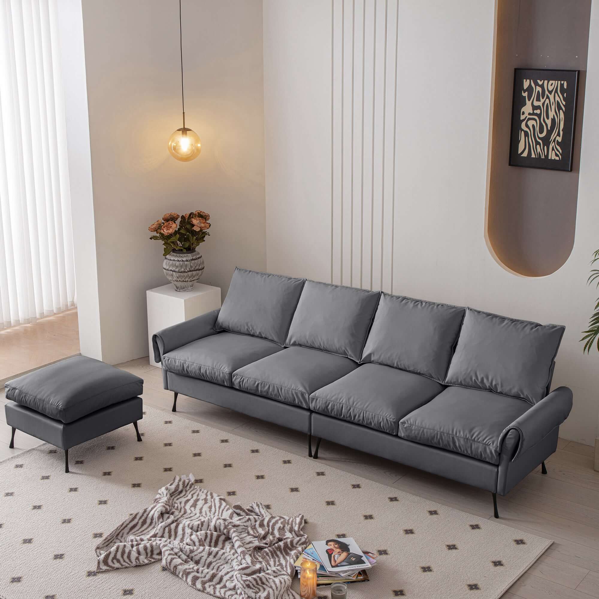 [VIDEO] provided]104.5"Modern Sectional Technical leather L-Shaped Sofa Couch with Convertible Ottoman