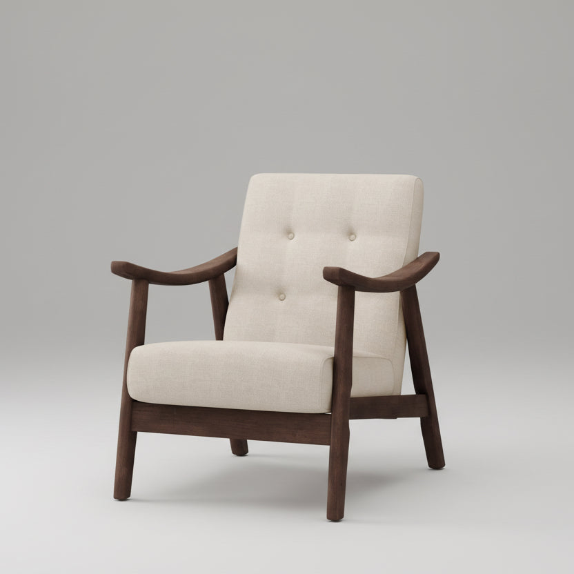 Beige armchair with wooden arms and legs in a living room setting.