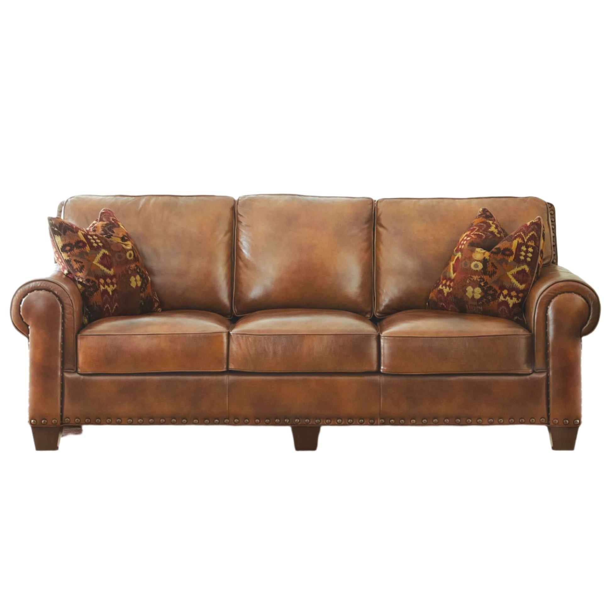 Rustic Styled Leather Sofa - Premium Construction, Top-Grain Leather - Eight-Way Hand-Tied Springs, Nail-Head Trim, Contrasting Pillows