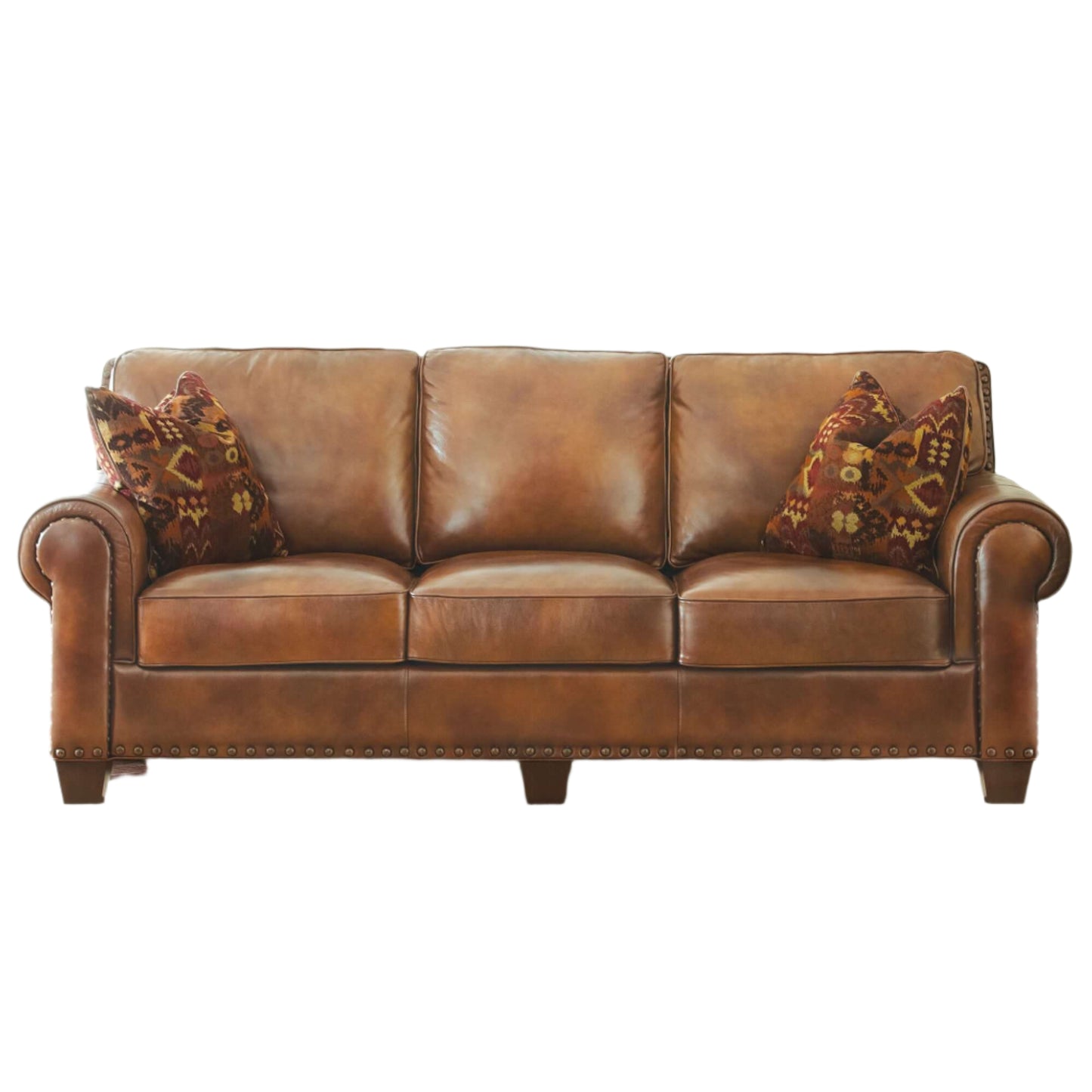 Rustic Styled Leather Sofa - Premium Construction, Top-Grain Leather - Eight-Way Hand-Tied Springs, Nail-Head Trim, Contrasting Pillows