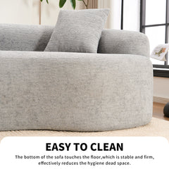 Infographic showing the floor-length base of THE ORVILLE sofa, highlighting how the stable, firm design reduces dust accumulation and eliminates hygiene dead space.