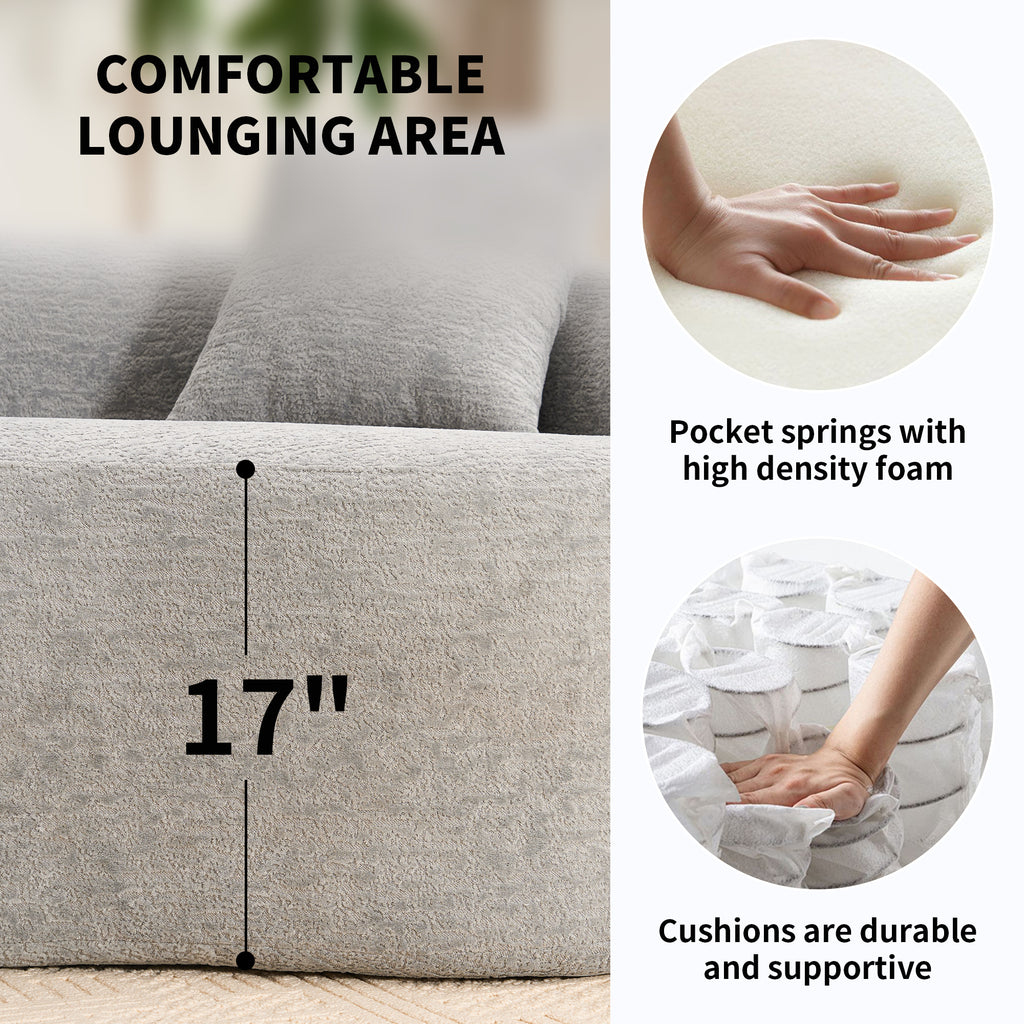 A diagram of a grey sofa seat with a 17-inch height marker, featuring inset images of individual pocket springs and a hand pressing into foam, with text reading 'Pocket springs with high density foam.'