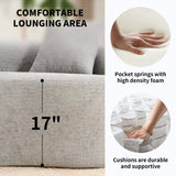 A diagram of a grey sofa seat with a 17-inch height marker, featuring inset images of individual pocket springs and a hand pressing into foam, with text reading 'Pocket springs with high density foam.'