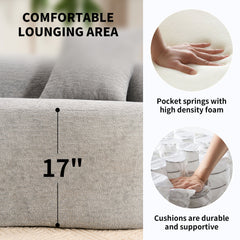 A diagram of a grey sofa seat with a 17-inch height marker, featuring inset images of individual pocket springs and a hand pressing into foam, with text reading 'Pocket springs with high density foam.'