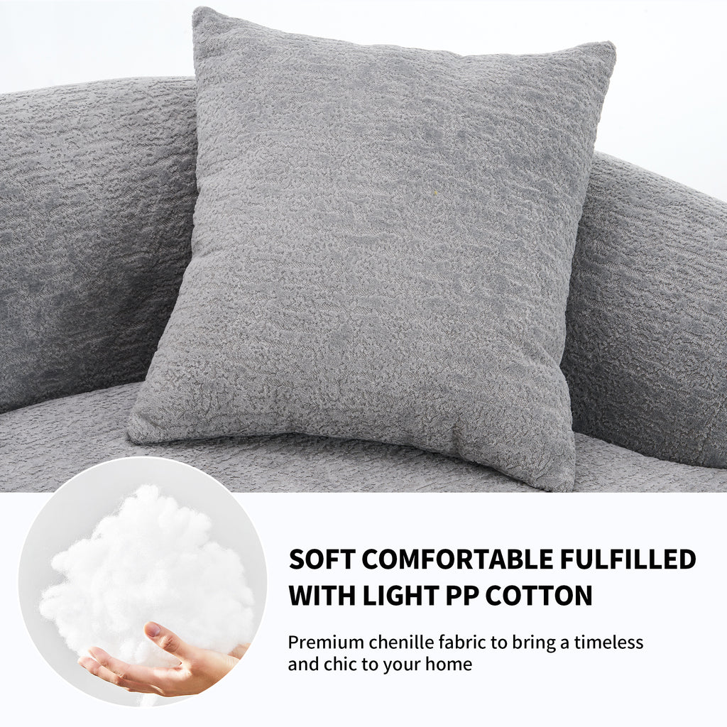 Infographic for THE ORVILLE sofa showing a hand holding soft white PP cotton, highlighting the plush, high-rebound filling and timeless grey chenille fabric.