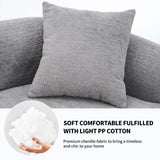Infographic for THE ORVILLE sofa showing a hand holding soft white PP cotton, highlighting the plush, high-rebound filling and timeless grey chenille fabric.