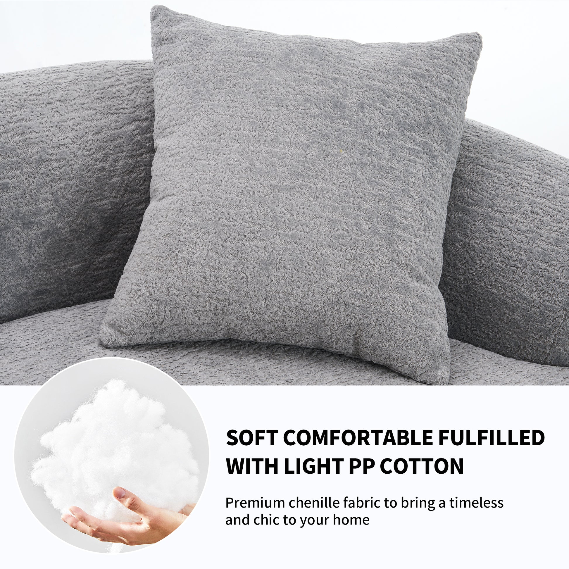 Infographic for THE ORVILLE sofa showing a hand holding soft white PP cotton, highlighting the plush, high-rebound filling and timeless grey chenille fabric.
