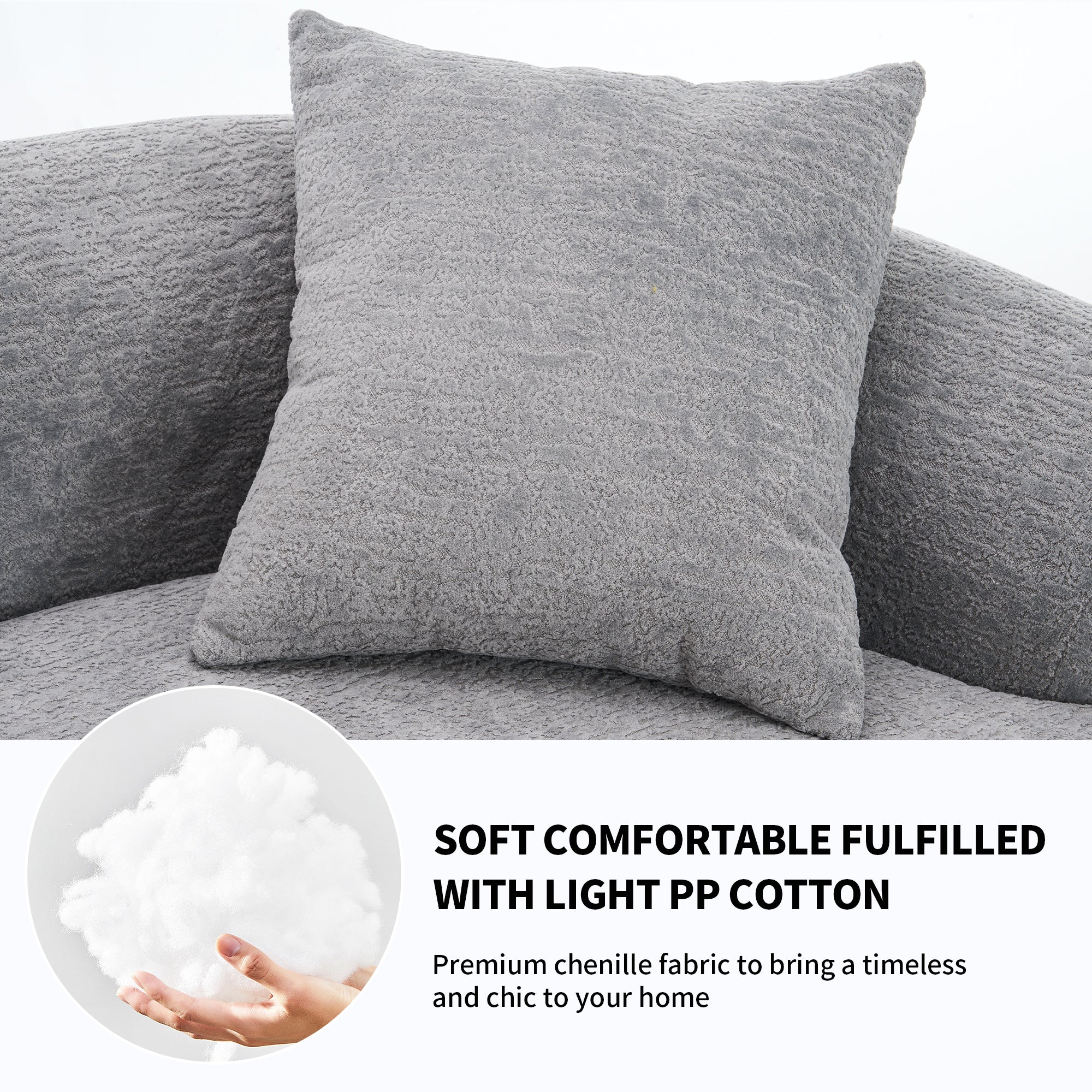 Infographic for THE ORVILLE sofa showing a hand holding soft white PP cotton, highlighting the plush, high-rebound filling and timeless grey chenille fabric.