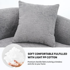Infographic for THE ORVILLE sofa showing a hand holding soft white PP cotton, highlighting the plush, high-rebound filling and timeless grey chenille fabric.