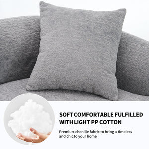 Infographic for THE ORVILLE sofa showing a hand holding soft white PP cotton, highlighting the plush, high-rebound filling and timeless grey chenille fabric.