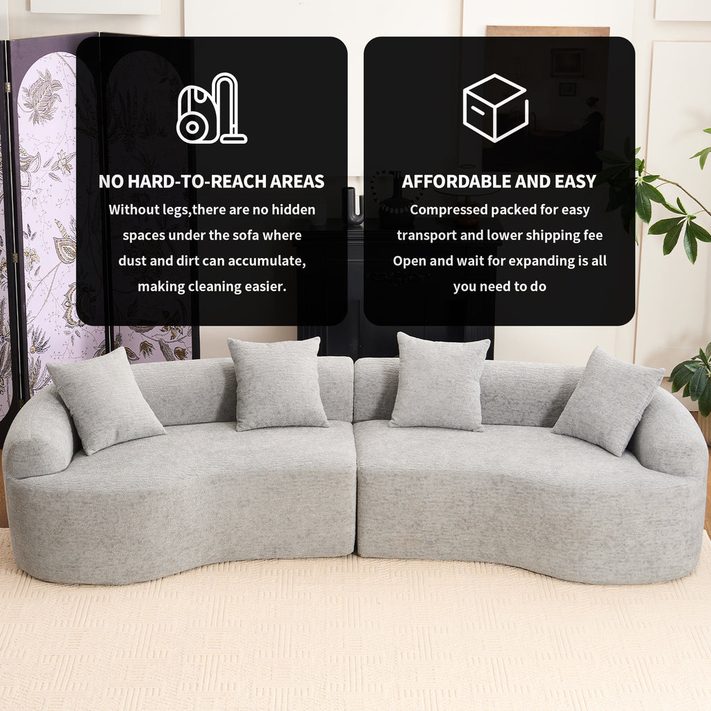 Infographic for THE ORVILLE sofa explaining the easy-to-move modular design for tight hallways and the simple unboxing process with high-density foam expansion.