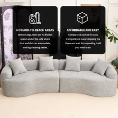 Infographic for THE ORVILLE sofa explaining the easy-to-move modular design for tight hallways and the simple unboxing process with high-density foam expansion.