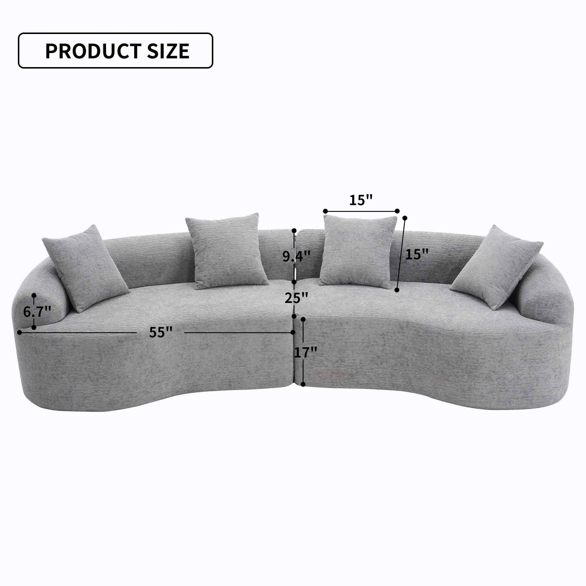 Product dimensions diagram for the ORVILLE curved sofa, showing a 110-inch total length, 25-inch back height, and 17-inch seat height.