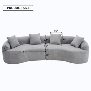 Product dimensions diagram for the ORVILLE curved sofa, showing a 110-inch total length, 25-inch back height, and 17-inch seat height.
